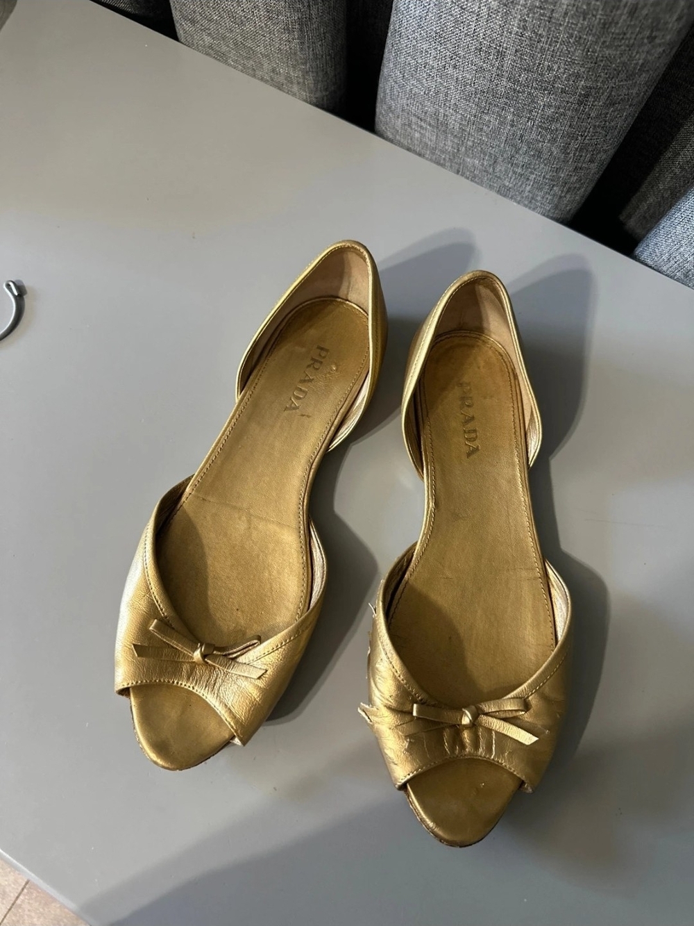 Prada Gold Leather Peep-Toe Flats with Bow